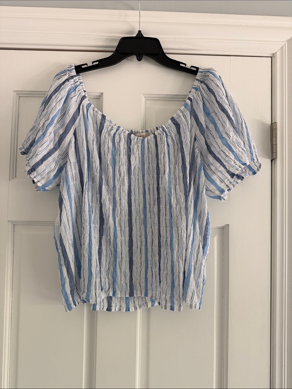 LOFT Blue and White Striped Puff-Sleeve Top